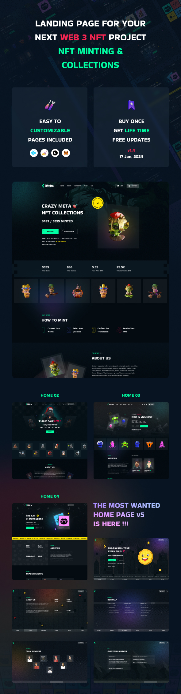 Bithu - NFT Minting/Collection React, Next JS Landing Page Template